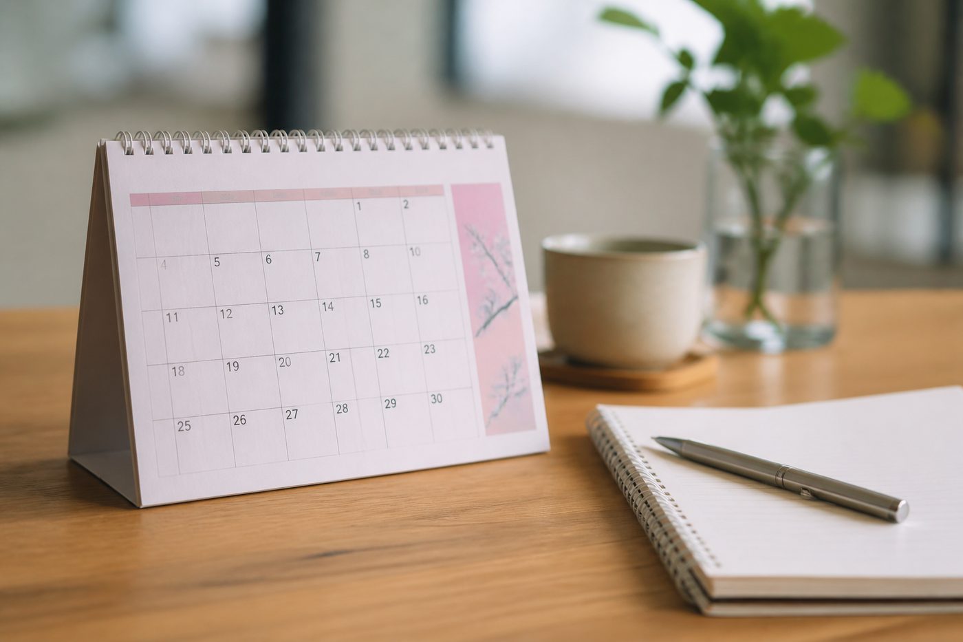 Calendario de mesa abierto por el mes de marzo junto a un cuaderno de notas y un bolígrafo sobre una mesa de madera