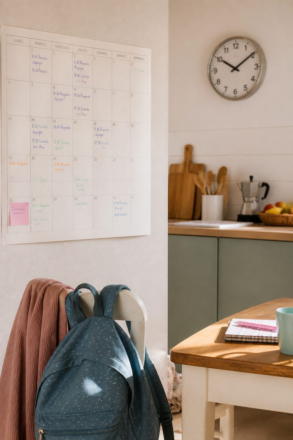 Calendario de pared con horarios anotados a mano, una mochila escolar colgada en una silla y un reloj de cocina al fondo