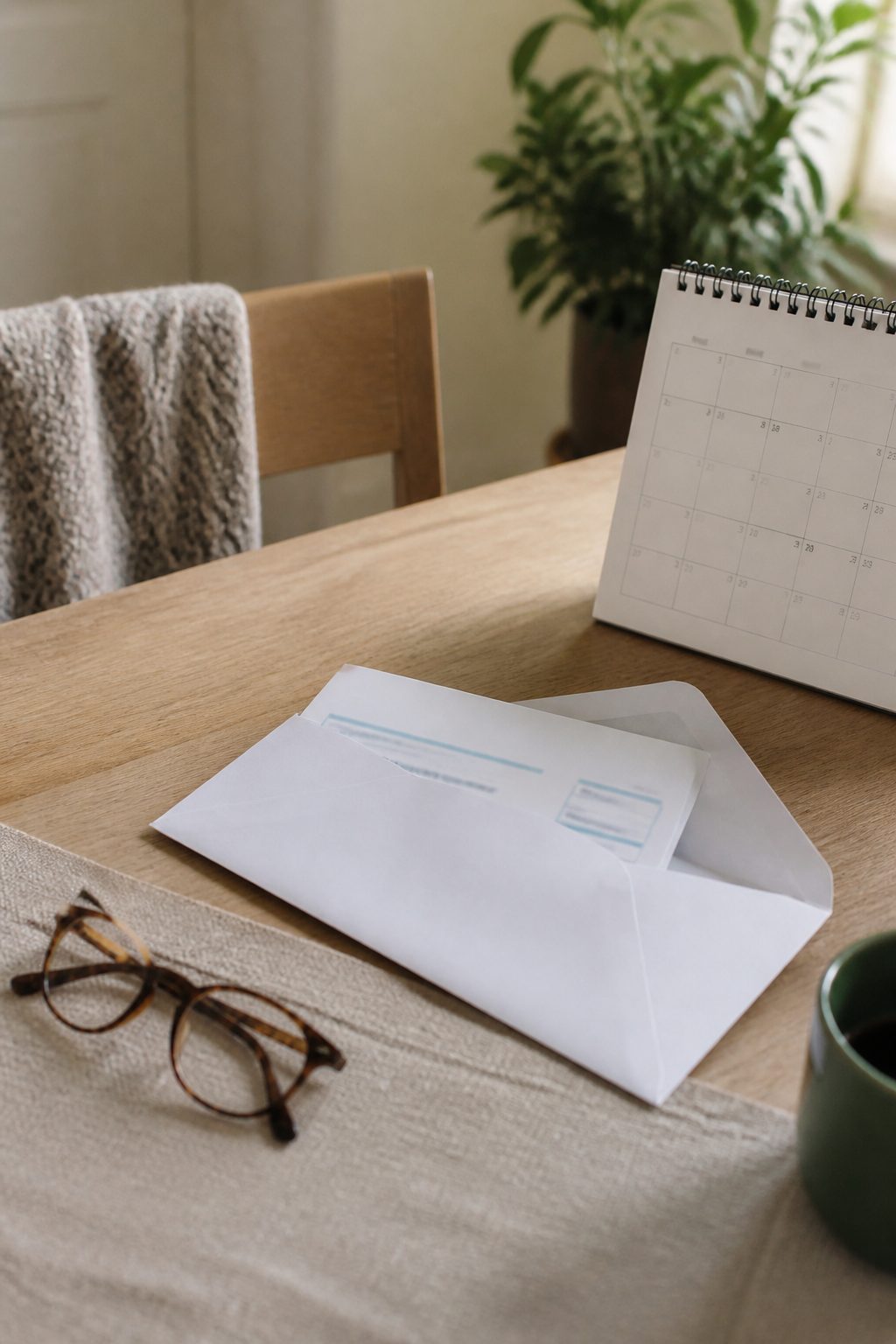 Sobre abierto de una citación sanitaria junto a un calendario de pared y unas gafas sobre una mesa de comedor