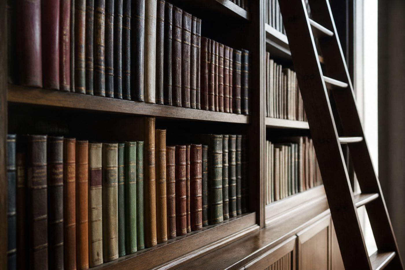 Estantería de biblioteca con volúmenes encuadernados de literatura española y una escalera de madera apoyada en el estante superior