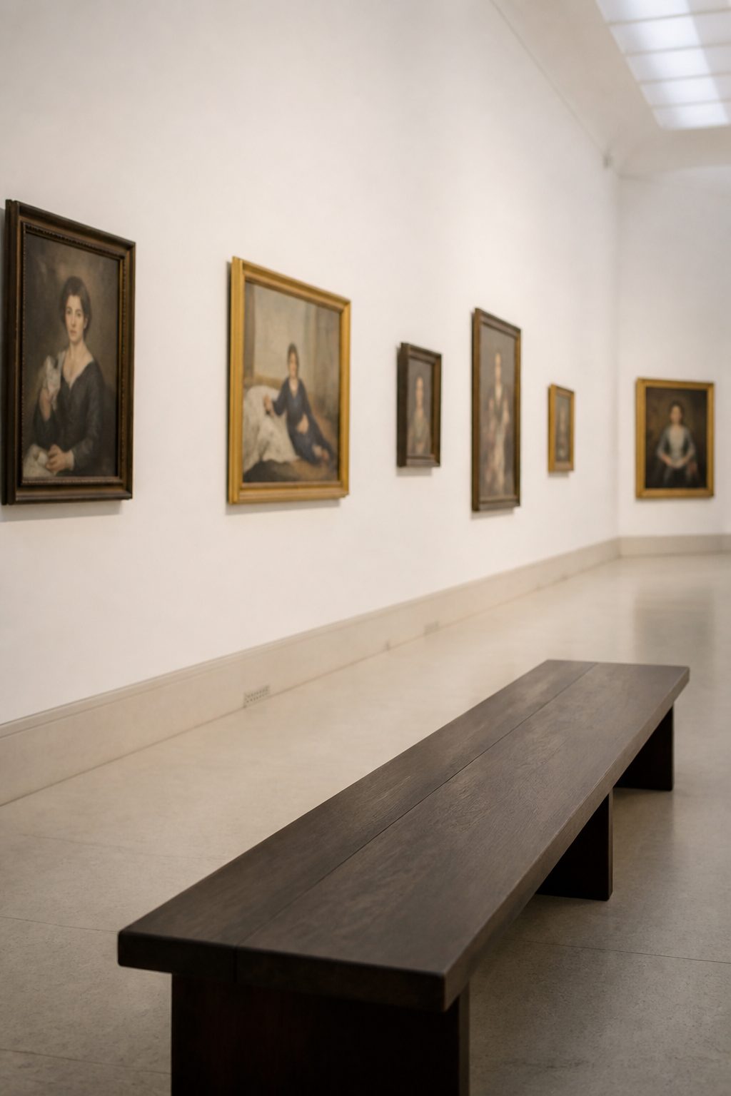 Sala de exposición con cuadros enmarcados colgados a la altura de la vista y un banco corrido en el centro, sin visitantes