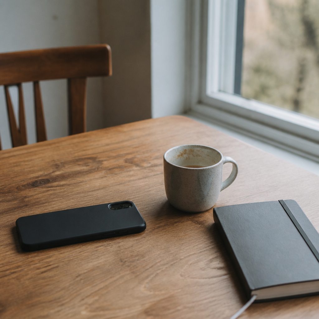 Mesa de cocina con un teléfono móvil boca abajo, una taza a medio terminar y un cuaderno cerrado junto a la ventana
