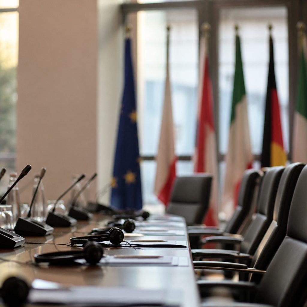 Sala de reuniones institucional con mesa larga, auriculares de traducción simultánea en cada puesto y banderas al fondo