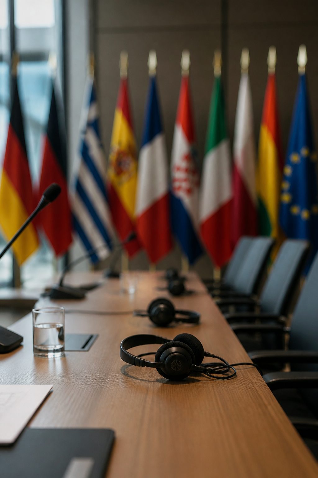 Sala de reuniones institucional con banderas de países europeos alineadas al fondo y auriculares de traducción simultánea sobre la mesa
