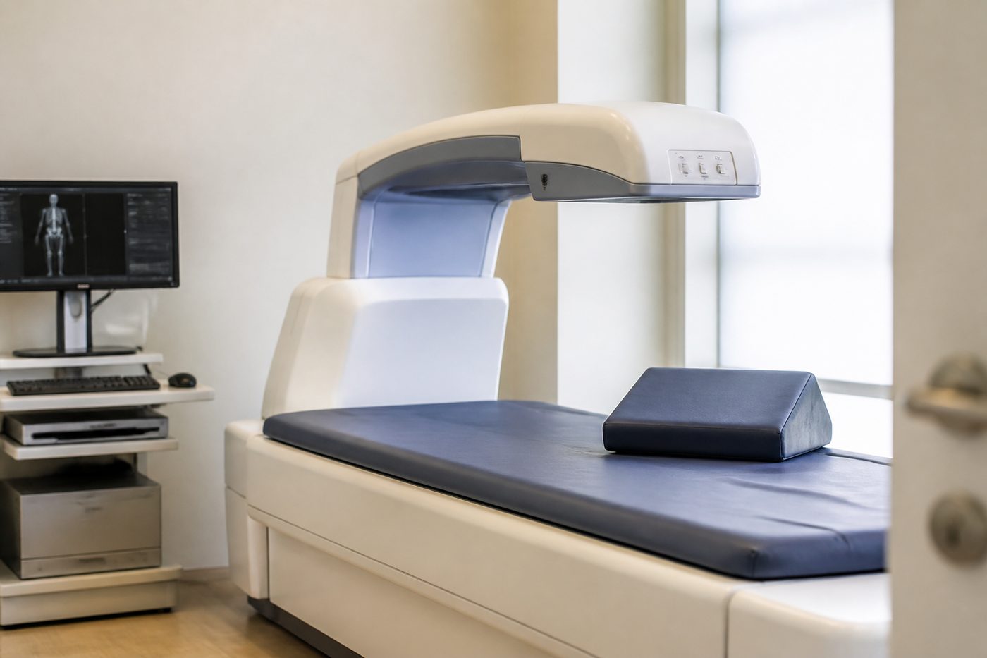 Sala de radiodiagnóstico con un equipo de densitometría ósea de cuerpo entero y una camilla acolchada, sin personas