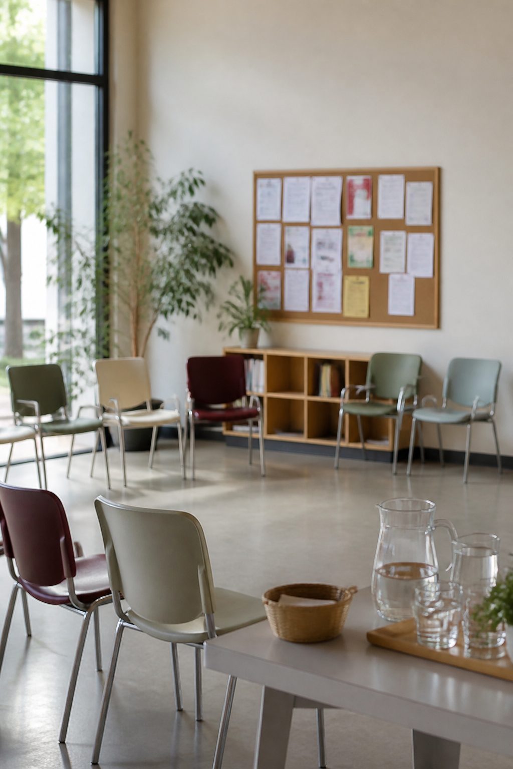 Sala de un centro cívico con sillas dispuestas en círculo, un tablón de anuncios con folletos y una mesa con jarras de agua, antes de una reunión vecinal
